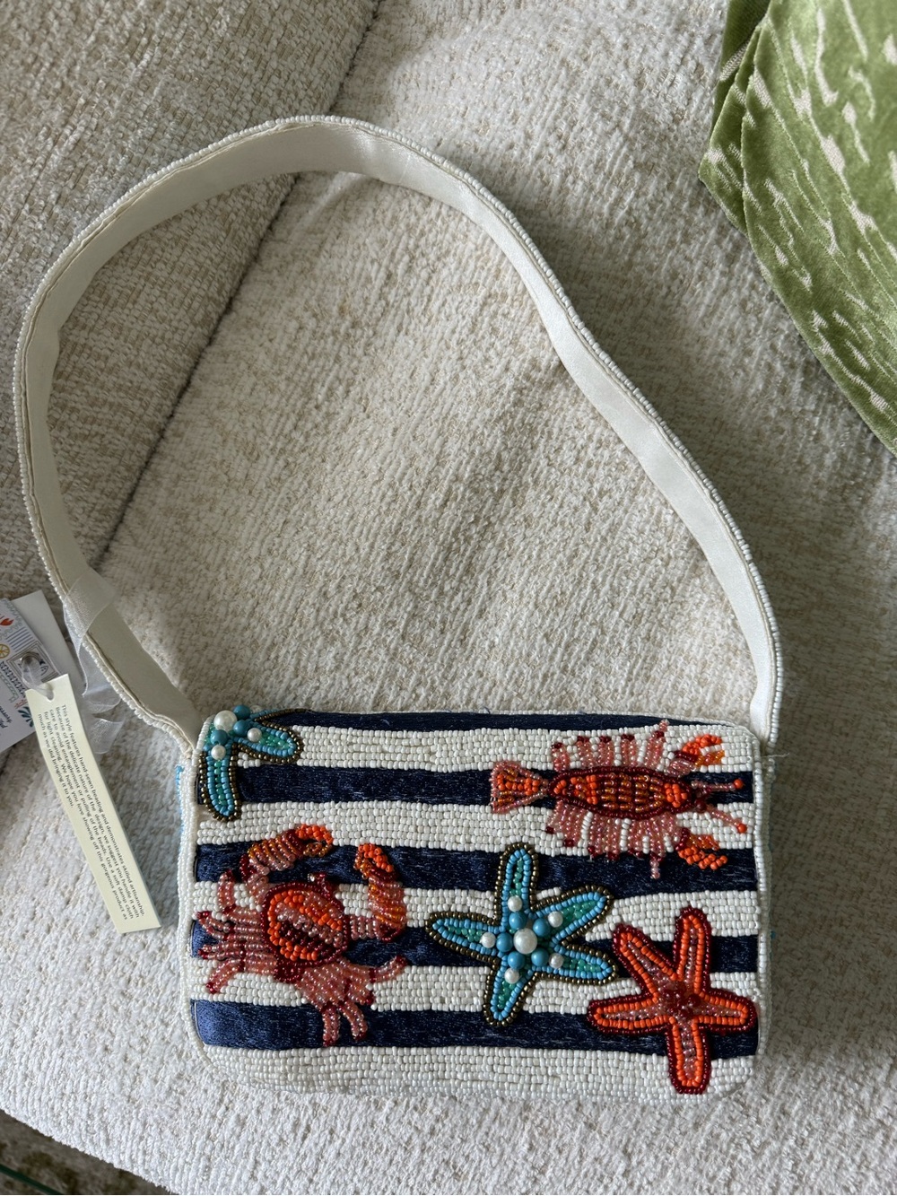 Beaded Navy & White Stripe Shoulder Bag with Coral Motif